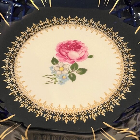 Reichenbach Echt Kobalt Blue 11" Cabbage Rose Footed Serving Bowl - Picture 3 of 7